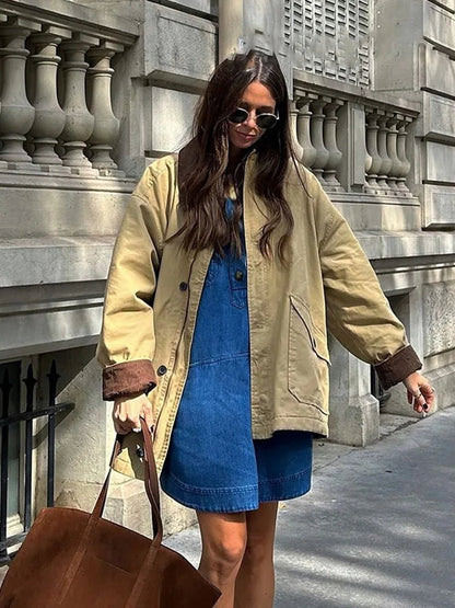 OLANE Vintage Long Utility Canvas Jacket BeigeMWomen's Coats & Jackets