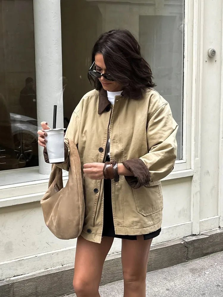 OLANE Vintage Long Utility Canvas Jacket BeigeMWomen's Coats & Jackets