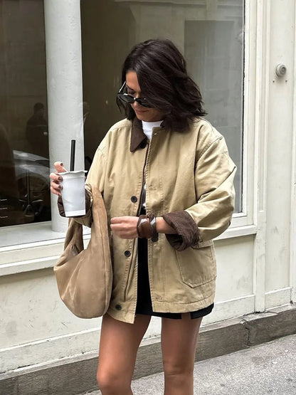 OLANE Vintage Long Utility Canvas Jacket BeigeMWomen's Coats & Jackets