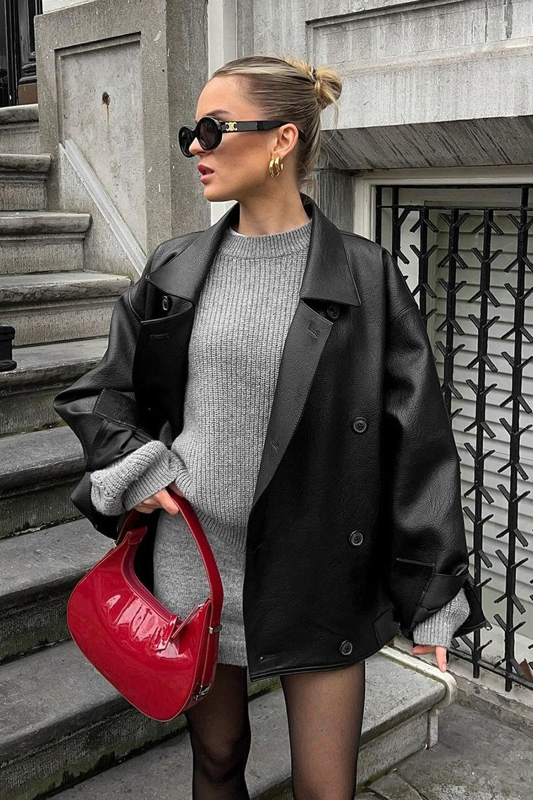 OLANE Vintage Relaxed Faux Leather Coat BlackSWomen's Coats & Jackets