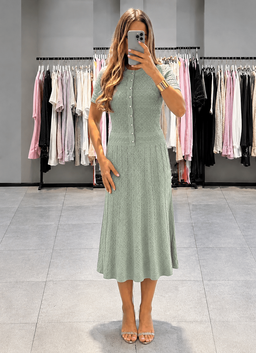 OLANE Viviana Half Button Knitted Midi Dress Mint GreenXSWomen's Dresses