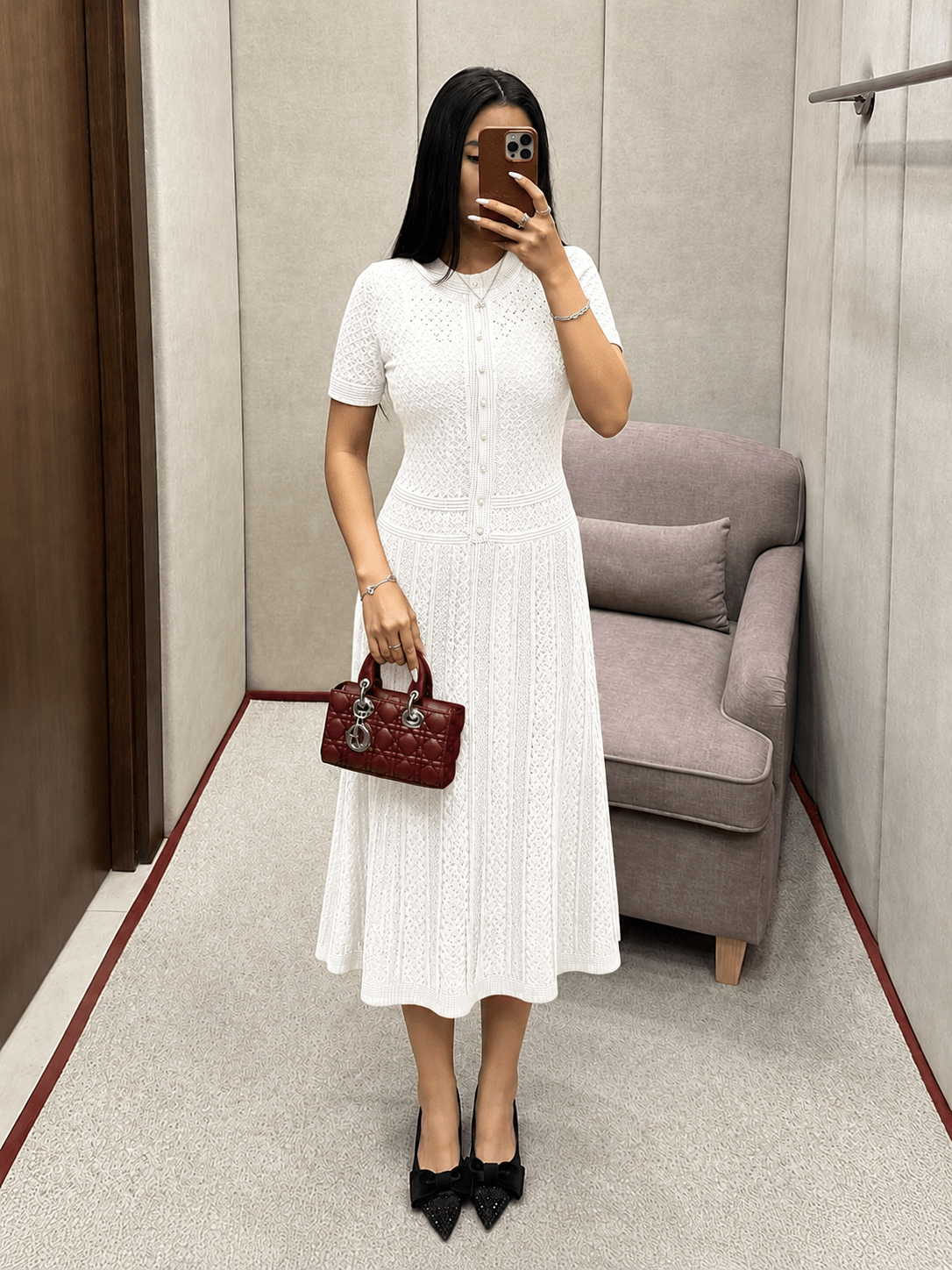 OLANE Viviana Half Button Knitted Midi Dress WhiteXSWomen's Dresses