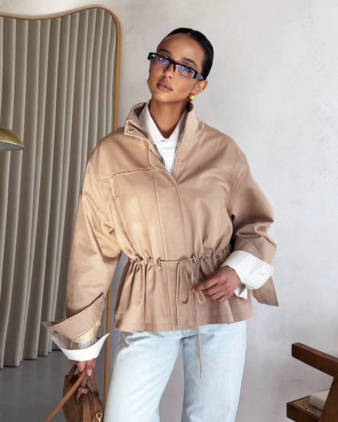 OLANE Zip-Up Drawstring Stand Collar Jacket BeigeMWomen's Coats & Jackets
