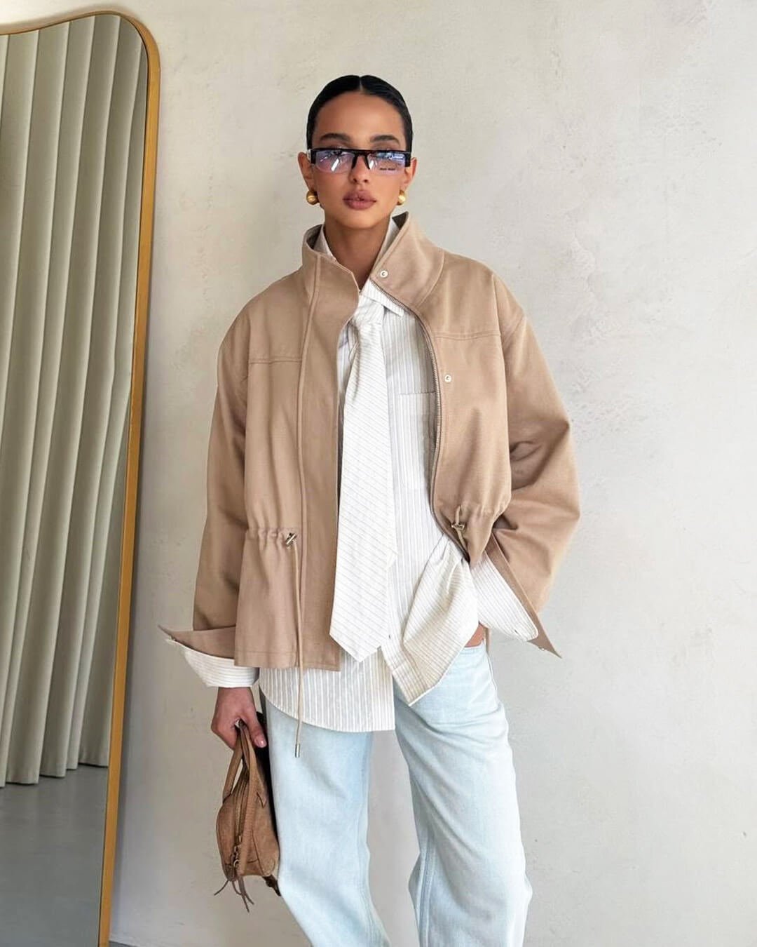 OLANE Zip-Up Drawstring Stand Collar Jacket BeigeSWomen's Coats & Jackets