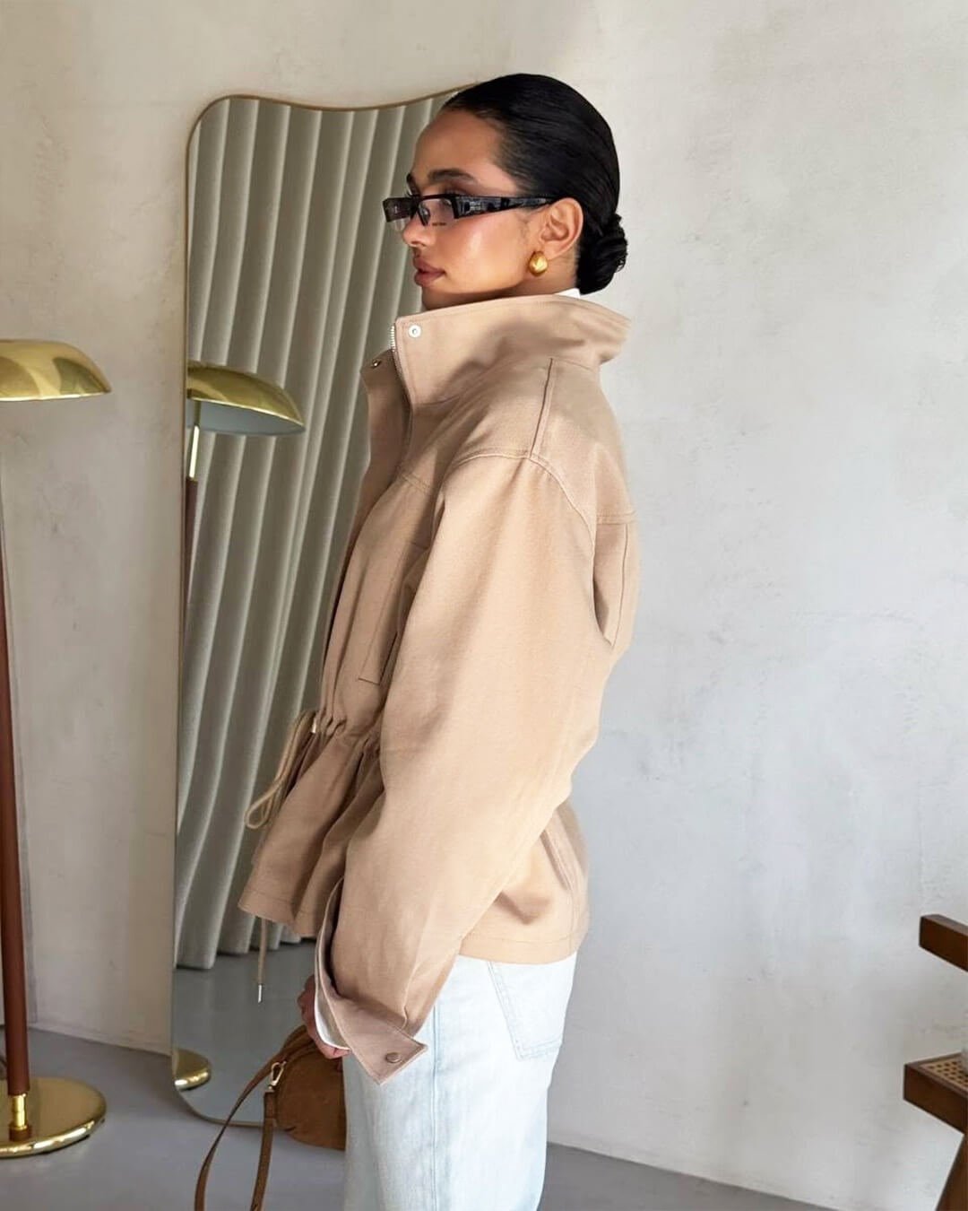 OLANE Zip-Up Drawstring Stand Collar Jacket BeigeSWomen's Coats & Jackets