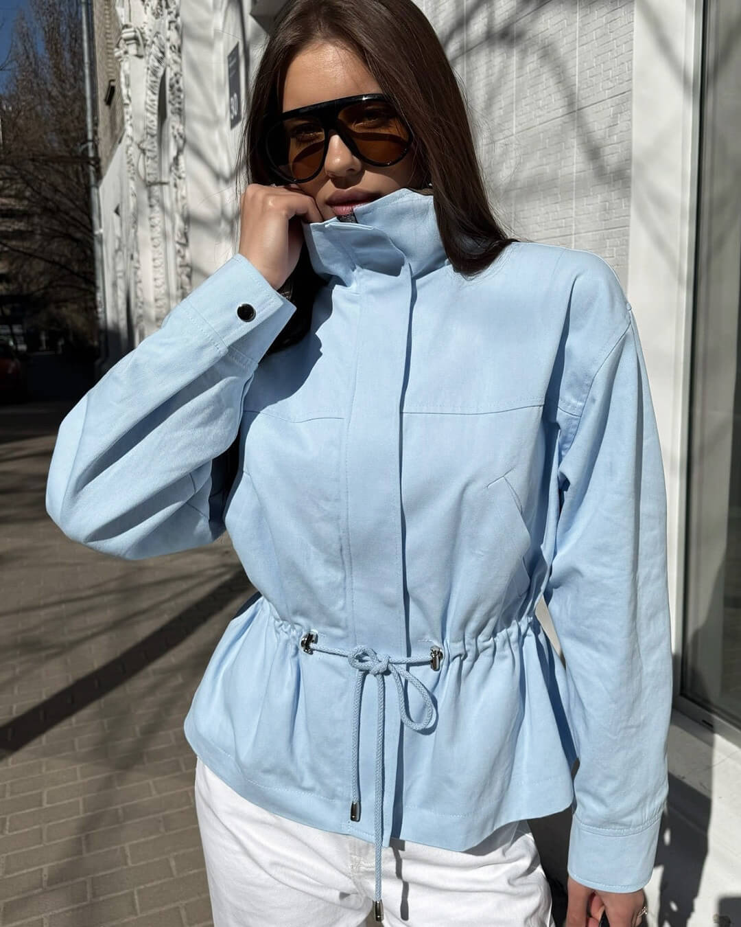 OLANE Zip-Up Drawstring Stand Collar Jacket BlueLWomen's Coats & Jackets