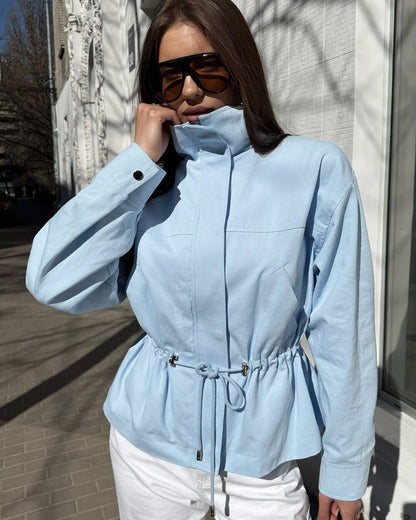 OLANE Zip-Up Drawstring Stand Collar Jacket BlueLWomen's Coats & Jackets