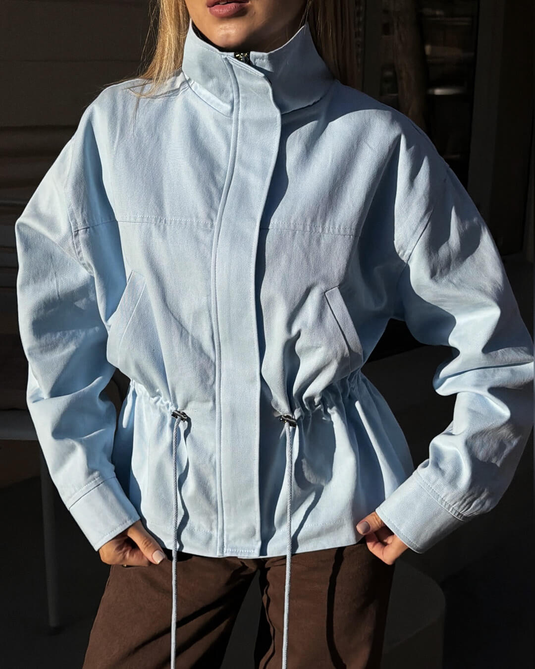 OLANE Zip-Up Drawstring Stand Collar Jacket BlueMWomen's Coats & Jackets