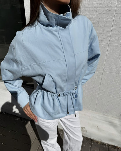 OLANE Zip-Up Drawstring Stand Collar Jacket BlueMWomen's Coats & Jackets