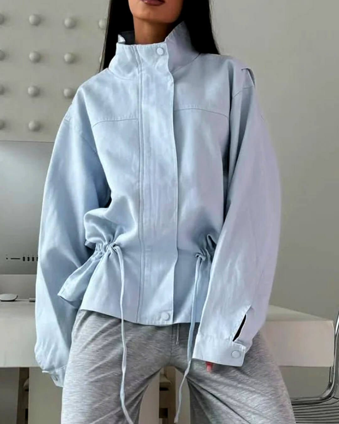 OLANE Zip-Up Drawstring Stand Collar Jacket BlueSWomen's Coats & Jackets