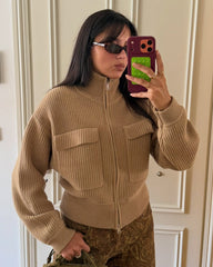 Zip-Up High Neck Ribbed Knit Cardigan