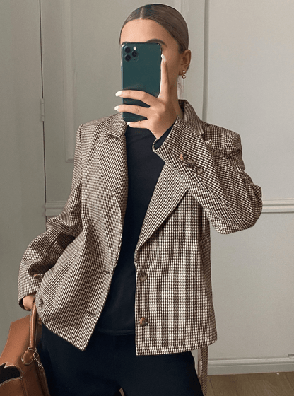 Classic Houndstooth Lace-Up Blazer