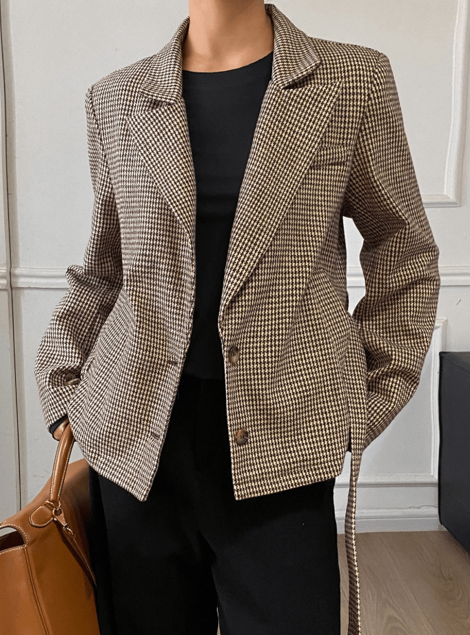 Classic Houndstooth Lace-Up Blazer