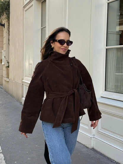 Stylish Funnel Faux Suede Trench Coat