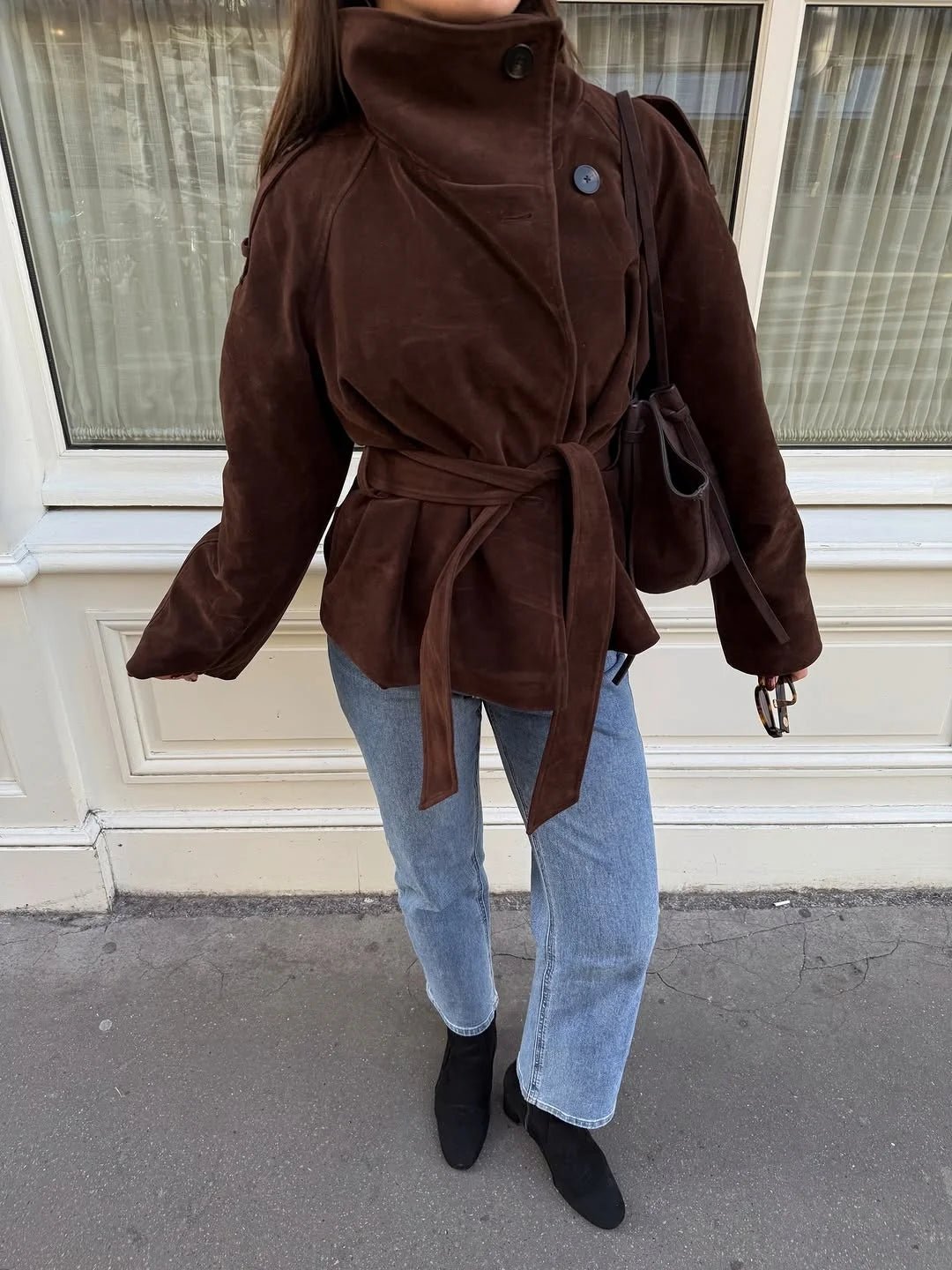Stylish Funnel Faux Suede Trench Coat