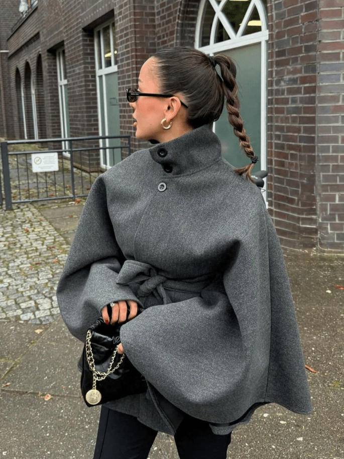 Belted High Neck Cape Jacket