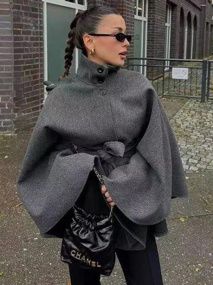 Belted High Neck Cape Jacket