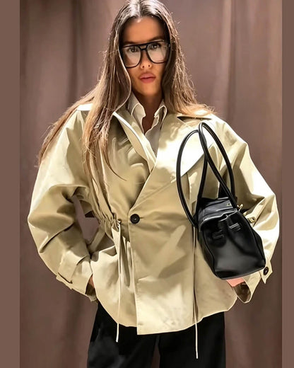 Lapel Collar Drawstring Trench Coat