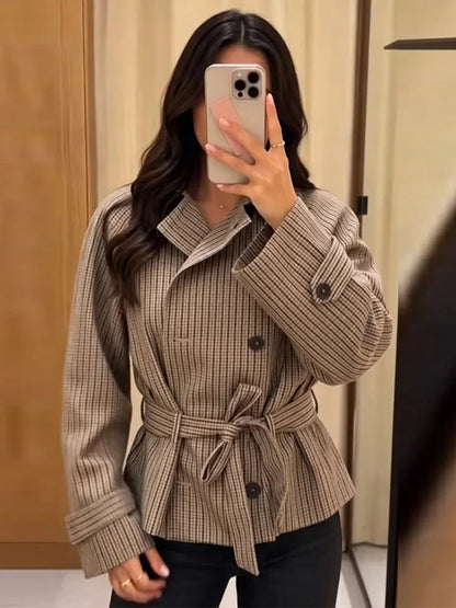 Plaid Funnel Collar Trench Coat