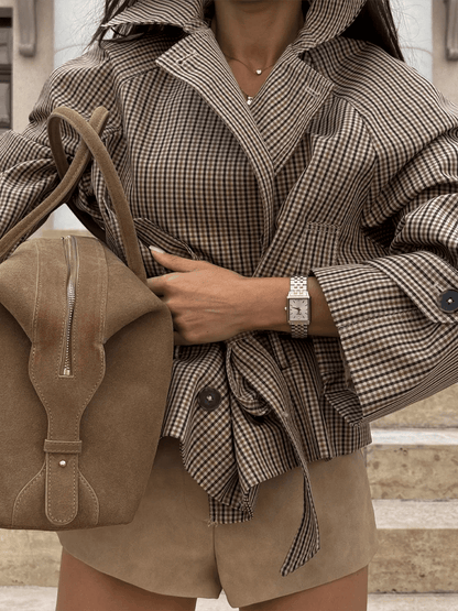 Plaid Funnel Collar Trench Coat