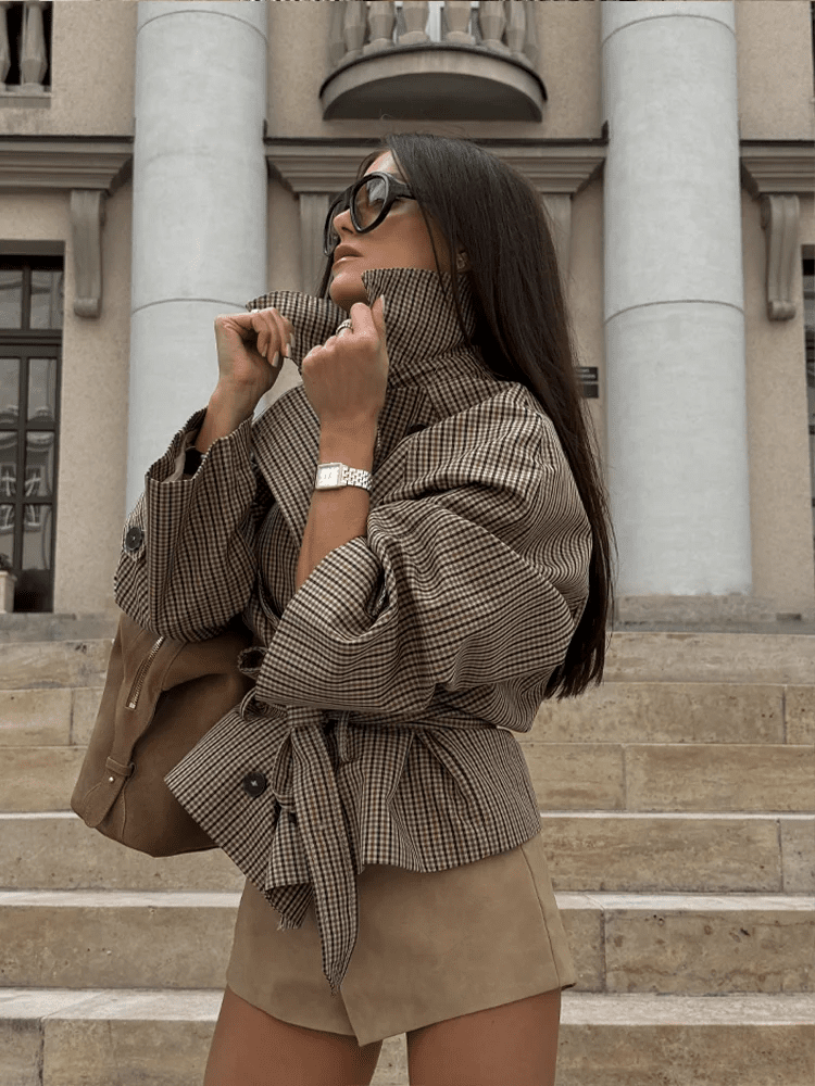 Plaid Funnel Collar Trench Coat