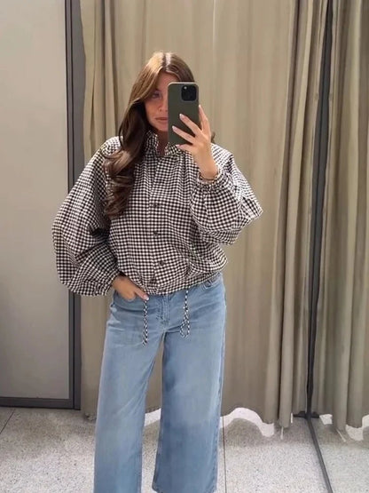 Plaid Drawstring High Neck Jacket