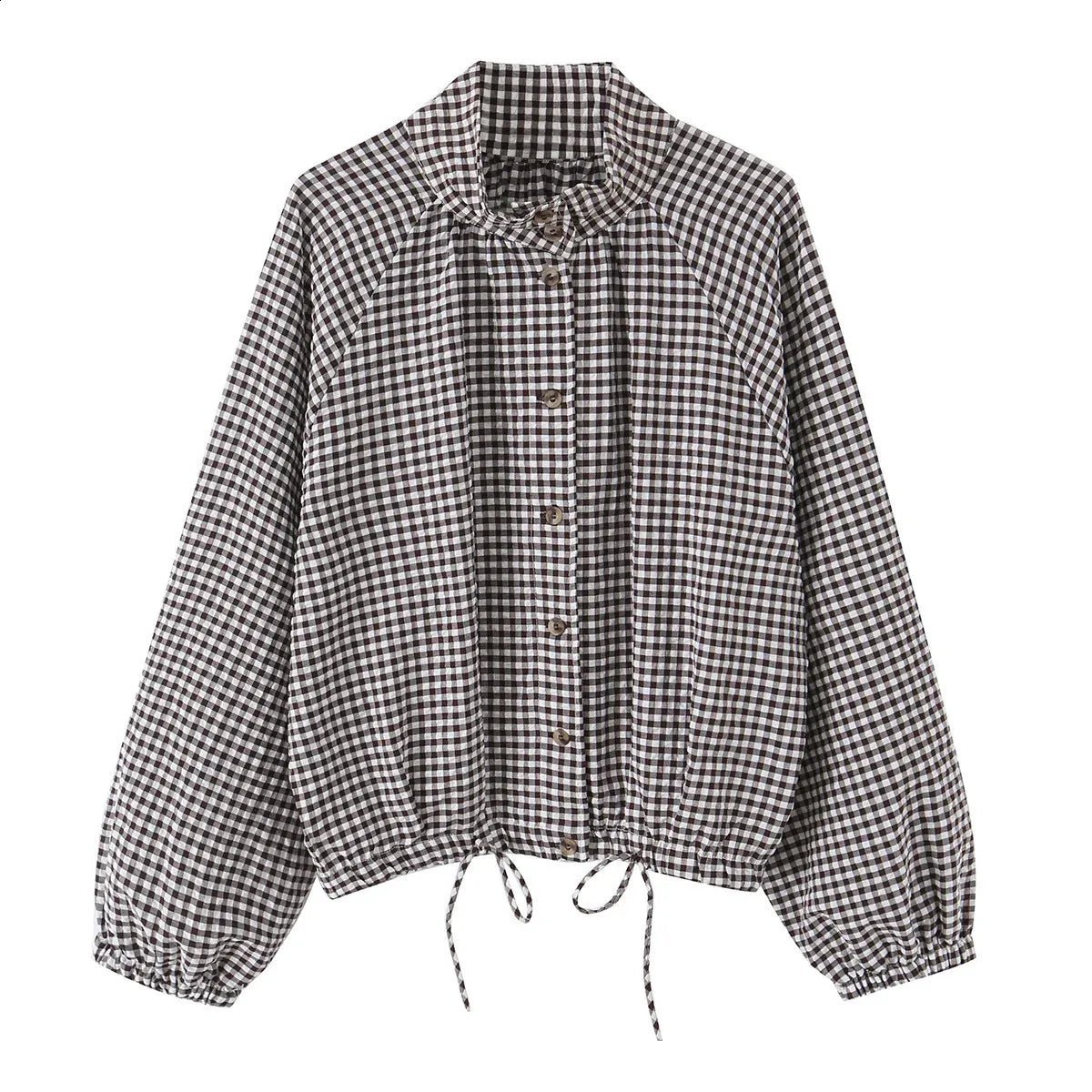 Plaid Drawstring High Neck Jacket