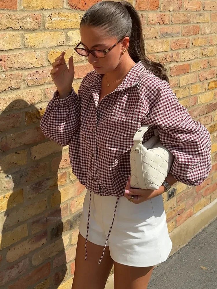 Plaid Drawstring High Neck Jacket