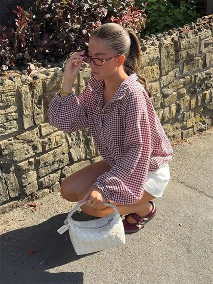 Plaid Drawstring High Neck Jacket