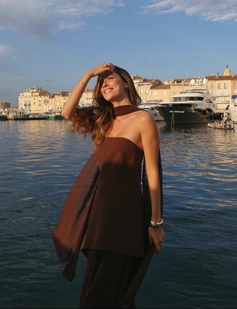 Asymmetric Sheer Maxi Dress with Scarf