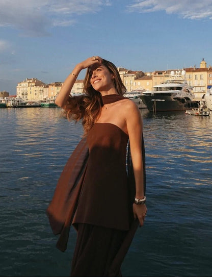 Asymmetric Sheer Maxi Dress with Scarf