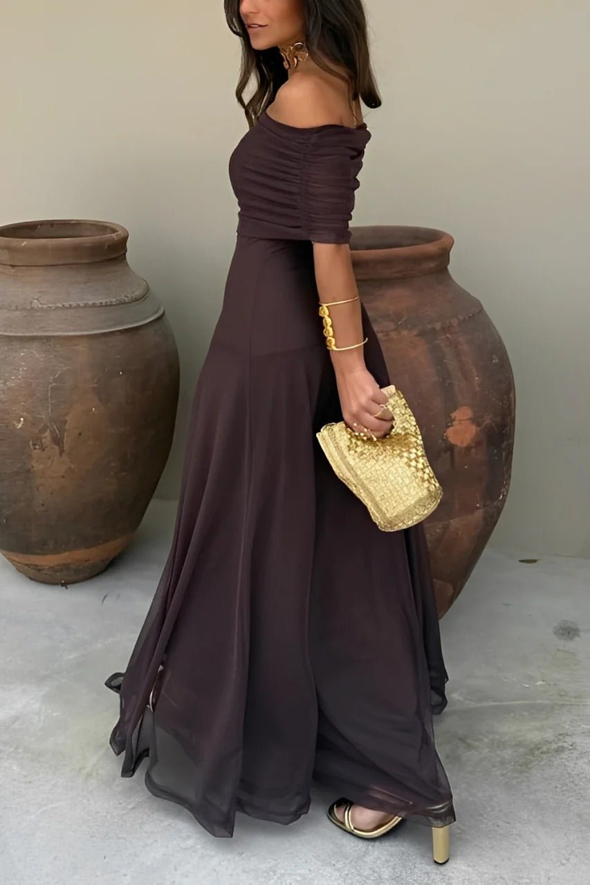 Asymmetric Off-Shoulder Ruched Maxi Dress