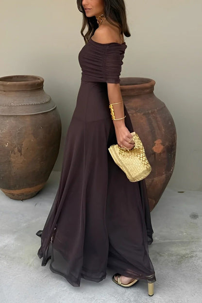 Asymmetric Off-Shoulder Ruched Maxi Dress