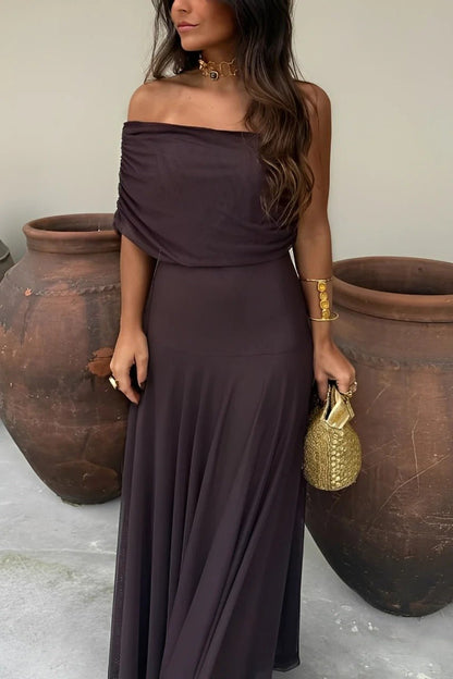 Asymmetric Off-Shoulder Ruched Maxi Dress