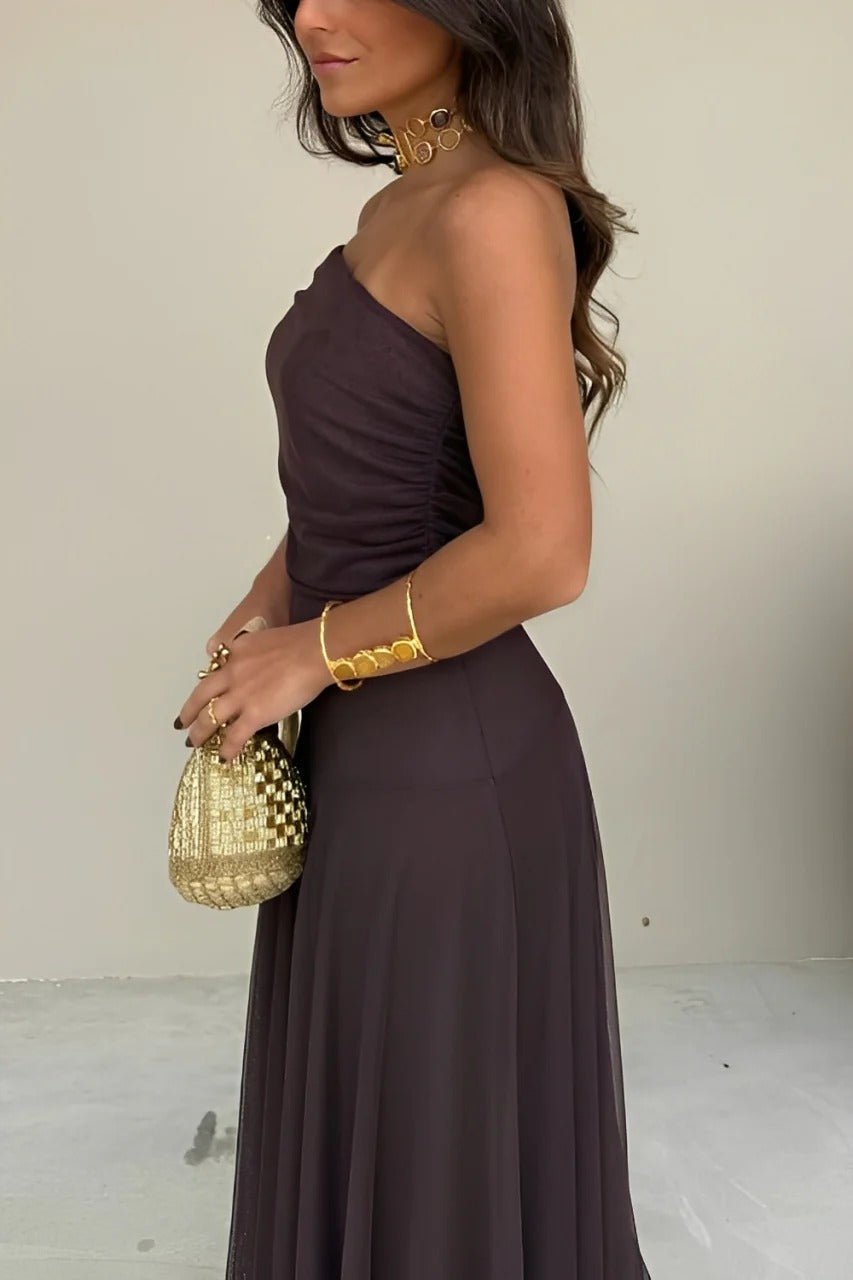 Asymmetric Off-Shoulder Ruched Maxi Dress