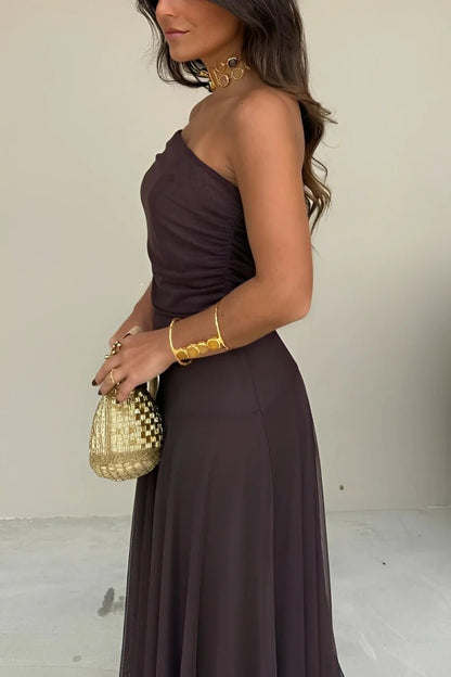 Asymmetric Off-Shoulder Ruched Maxi Dress