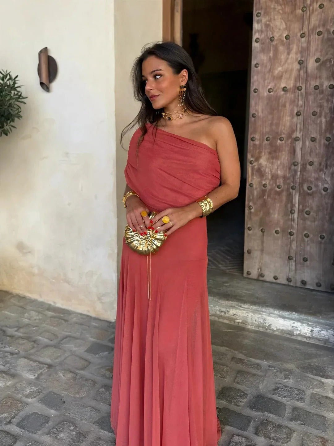 Asymmetric Off-Shoulder Ruched Maxi Dress