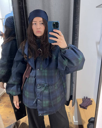 Stylish Oversized Plaid Lace-Up Jacket