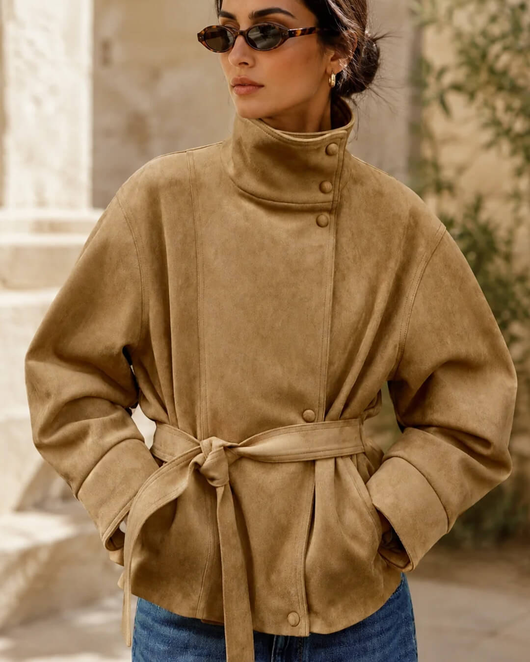 Elegant Belted Lace-Up Suede Jacket