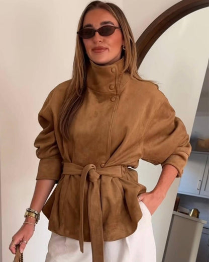 Elegant Belted Lace-Up Suede Jacket