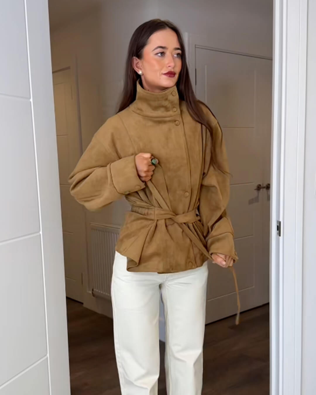 Elegant Belted Lace-Up Suede Jacket