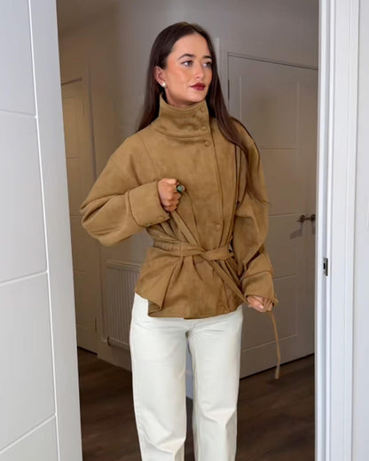 Elegant Belted Lace-Up Suede Jacket