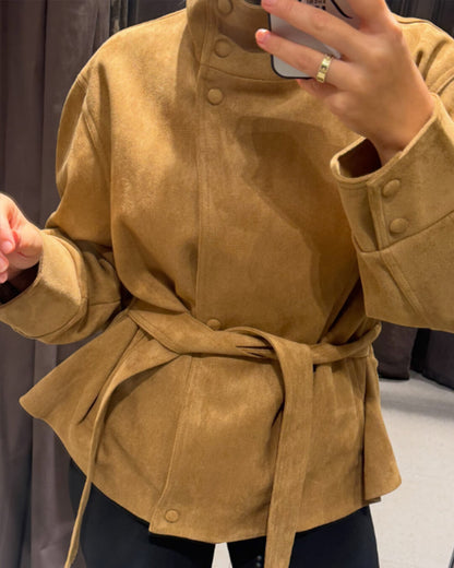 Elegant Belted Lace-Up Suede Jacket