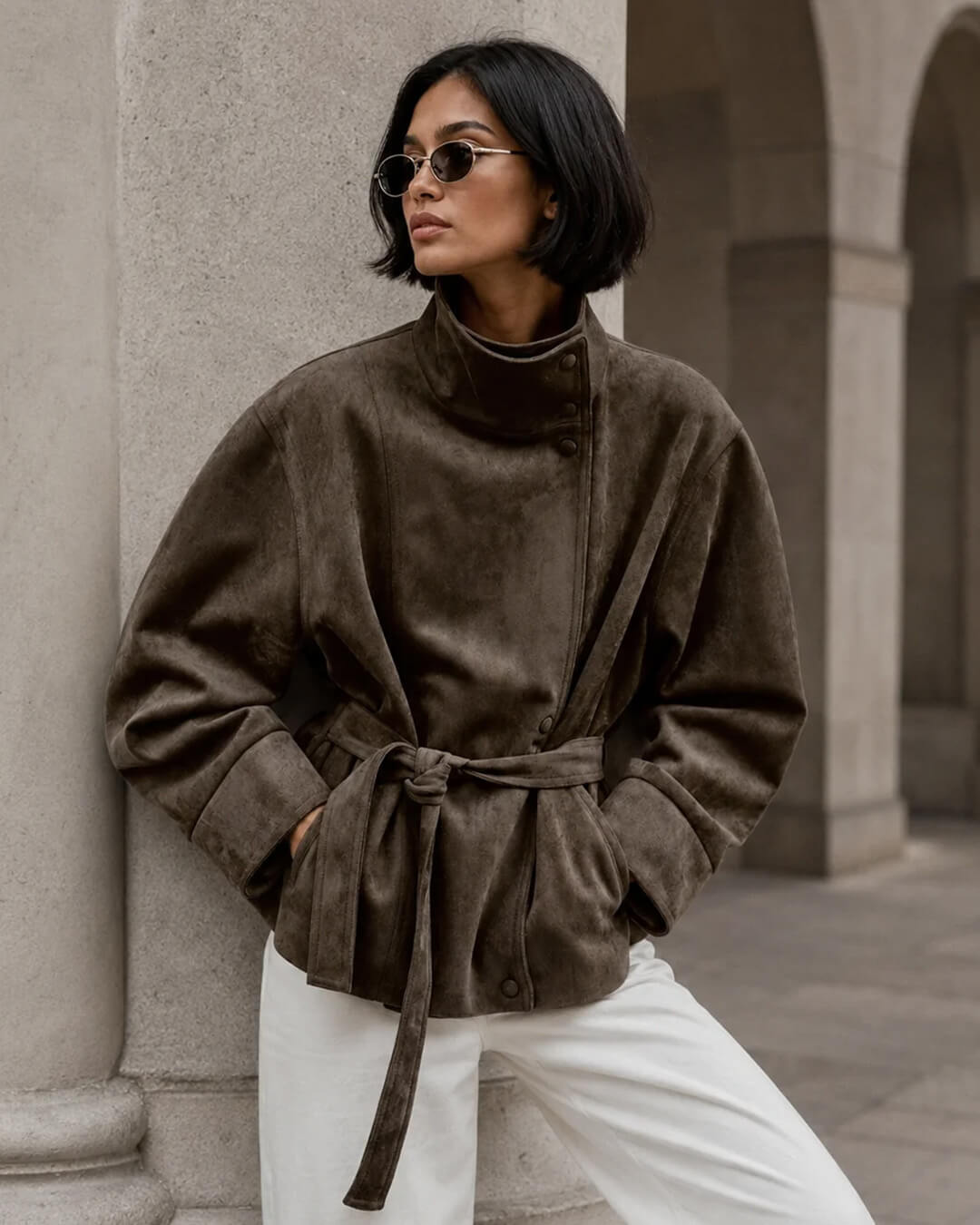 Elegant Belted Lace-Up Suede Jacket
