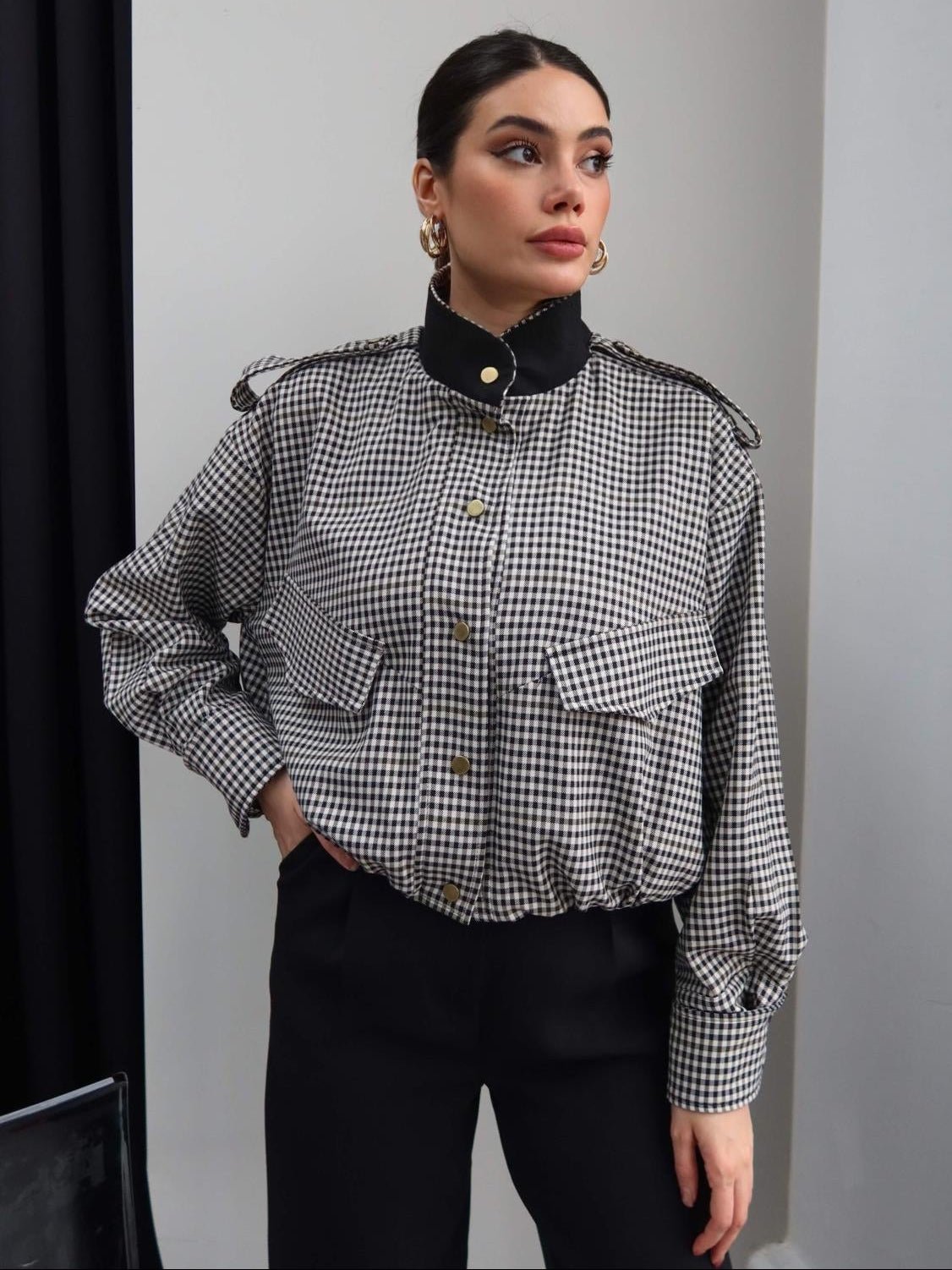 Stylische Stehkragen Karo-Bomberjacke