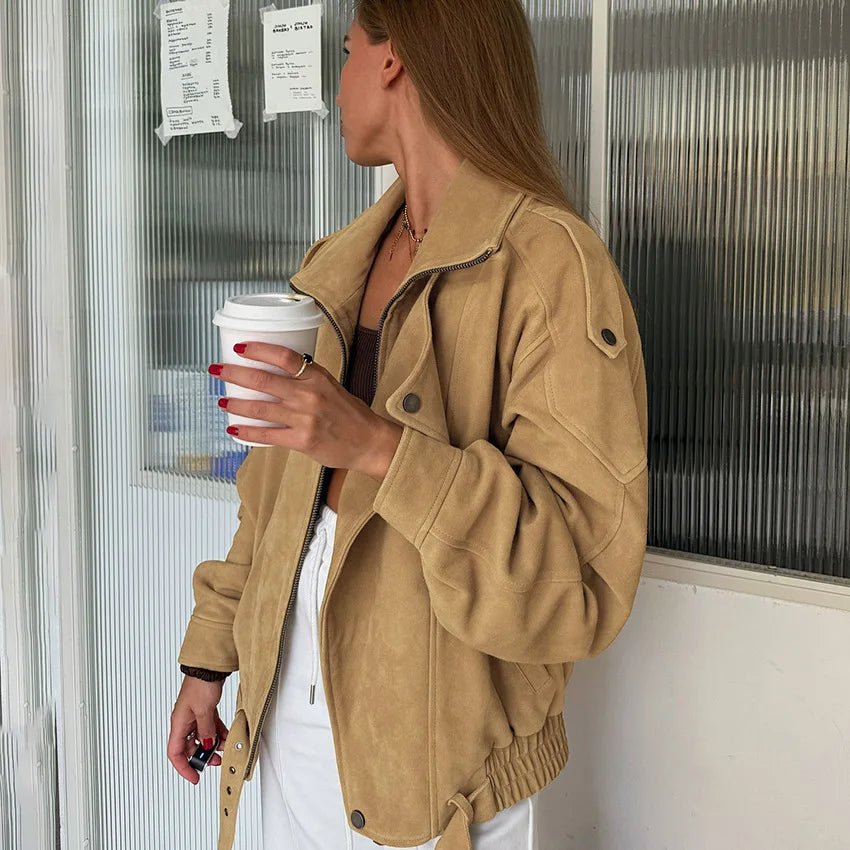 Faux Suede Oversized Bomber Jacket