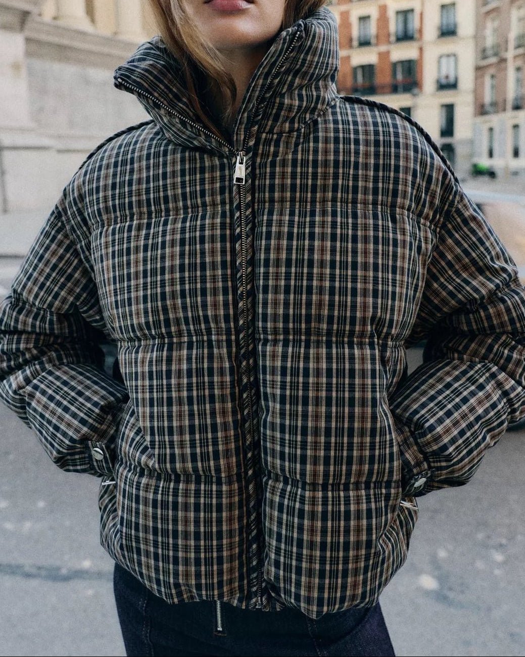 Classic Plaid High Neck Puffer Jacket