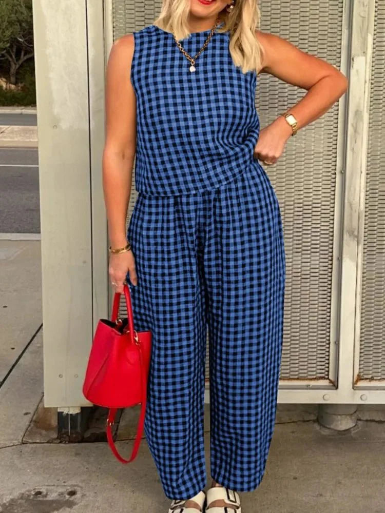 Stylisches kariertes ärmelloses Weste-Hose-Set
