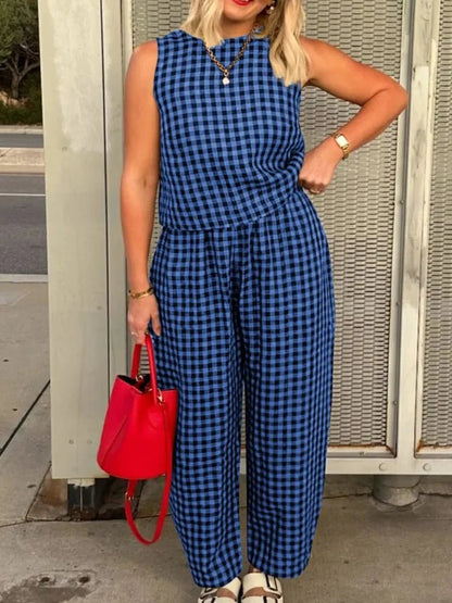 Stylisches kariertes ärmelloses Weste-Hose-Set