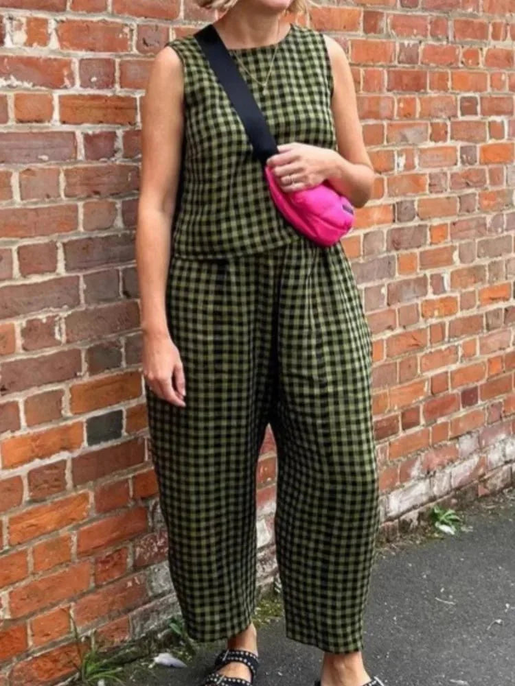 Stylisches kariertes ärmelloses Weste-Hose-Set